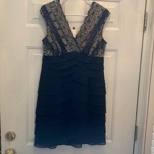 Black Sleeveless V-Neck Sheath Mini Dress lined laced top/ruffled layered bottom